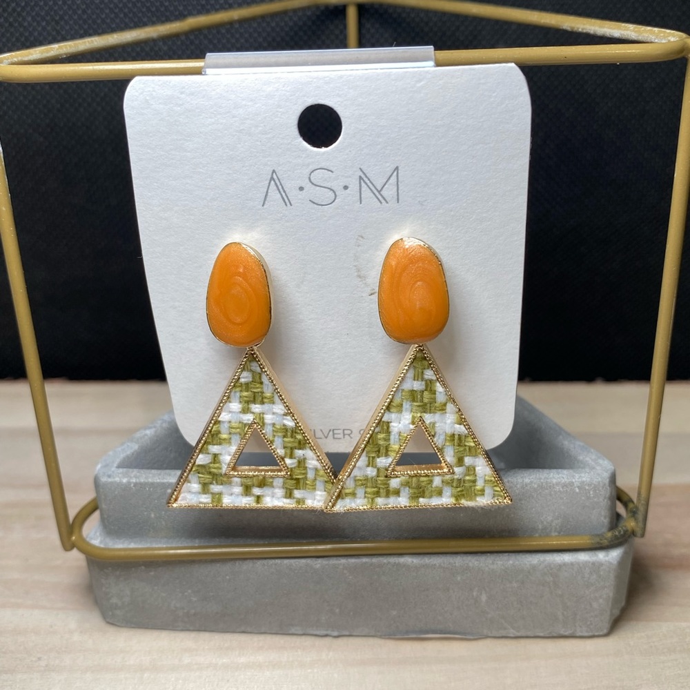 Orange Dot Triangle Green & White woven Print style Earring